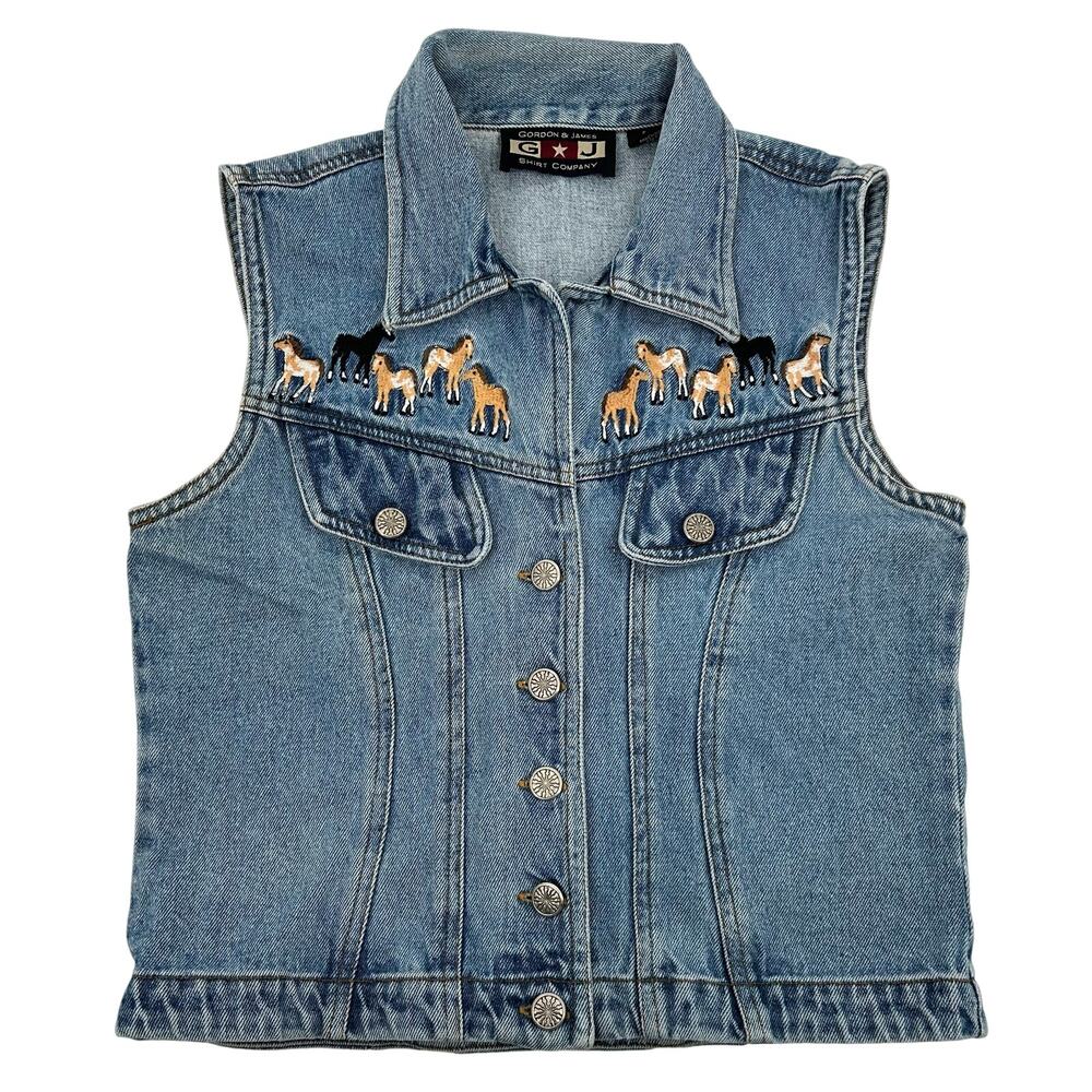 Vintage Western Womens Cowgirl Vest Gordon & James Blue Denim embroidered Horses